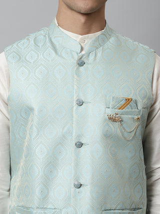 Men Off White Solid Kurta Pyjama with Sky Blue Woven Design Nehru Jacket