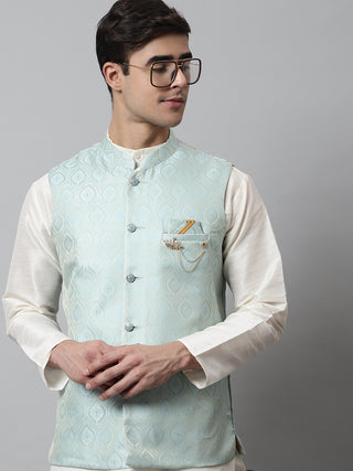 Men Off White Solid Kurta Pyjama with Sky Blue Woven Design Nehru Jacket