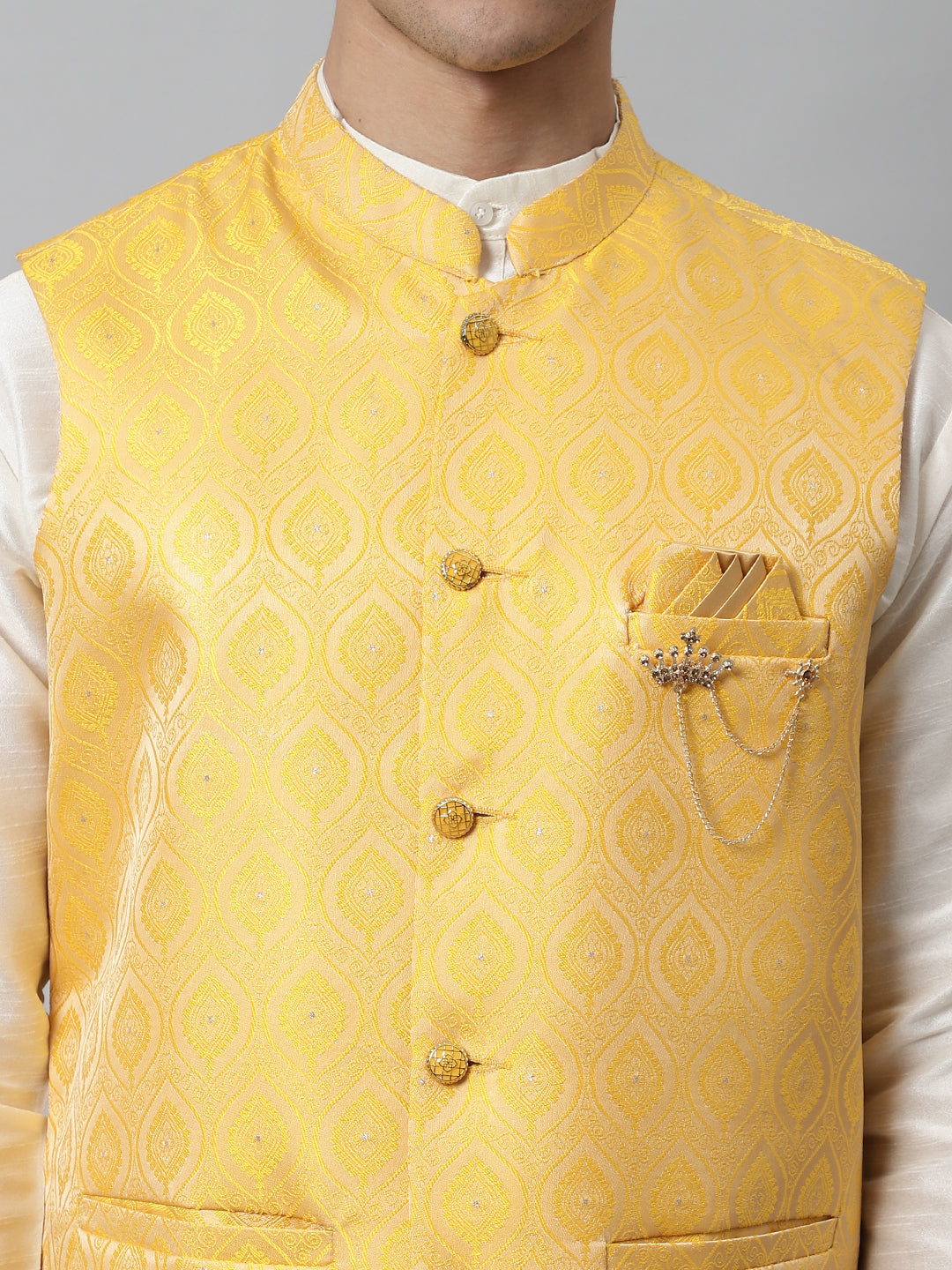 Men Off White Solid Kurta Pyjama with Yellow Woven Design Nehru Jacket