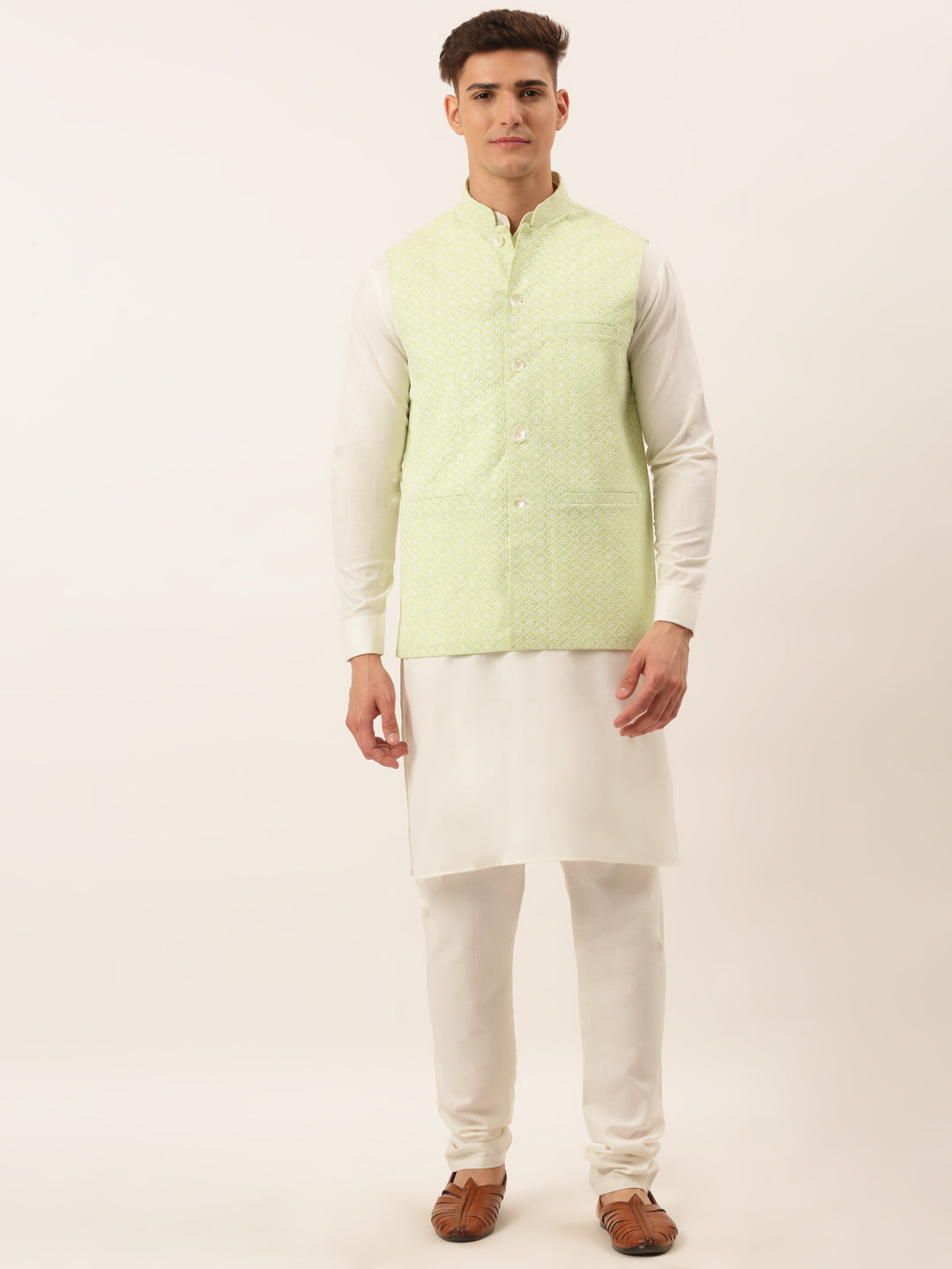 Men White Cotton Blend Kurta with Pyjamas & Green Embroidered Nehru Jacket