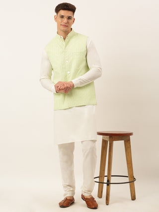 Men White Cotton Blend Kurta with Pyjamas & Green Embroidered Nehru Jacket