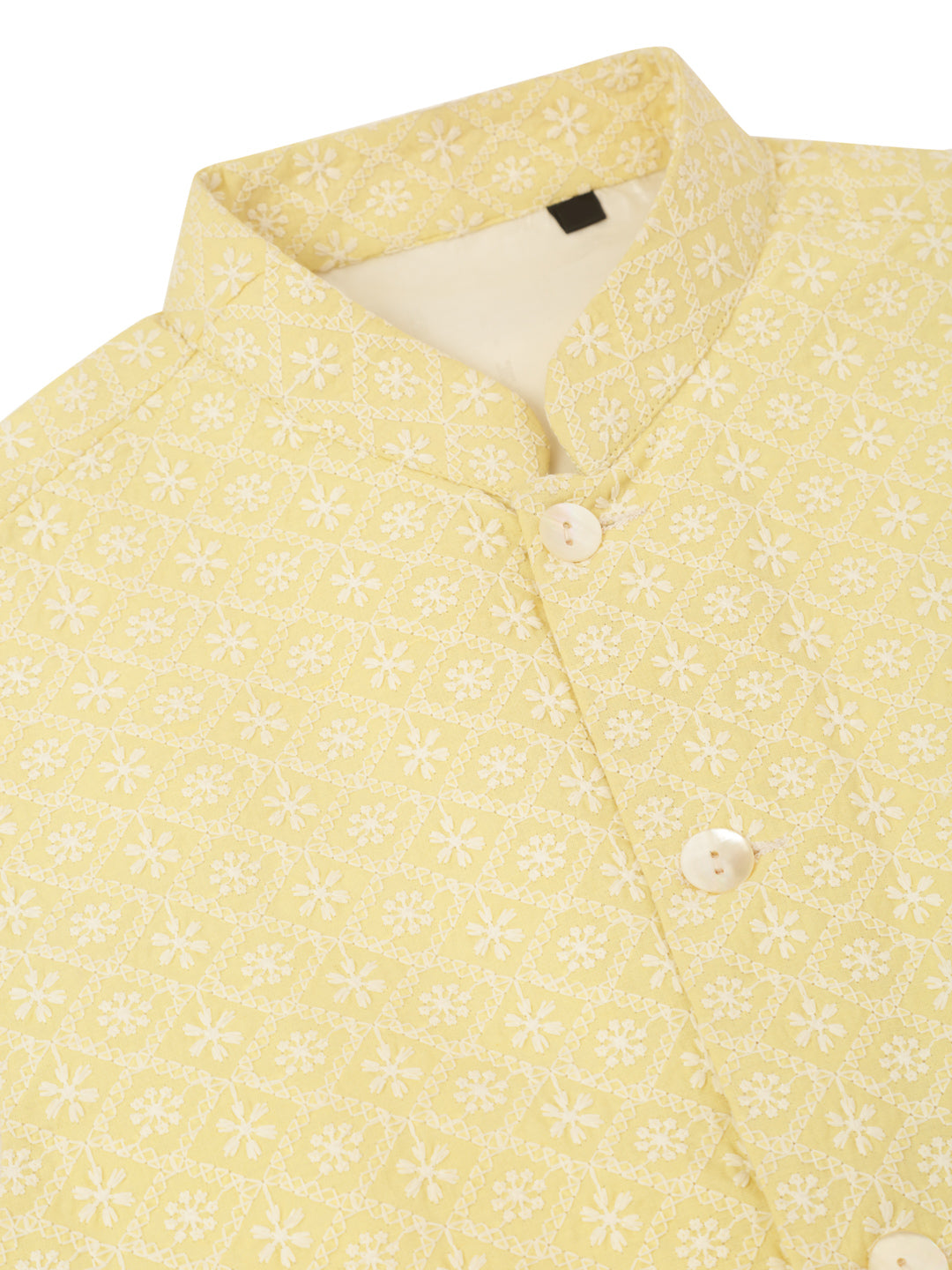 Men White Cotton Blend Kurta with Pyjamas & Yellow Embroidered Nehru Jacket