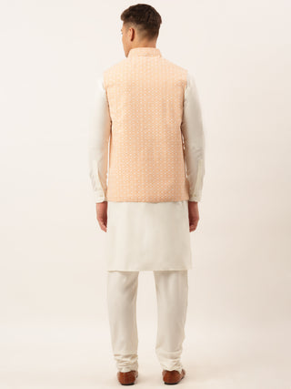 Men White Cotton Blend Kurta with Pyjamas & Orange Embroidered Nehru Jacket