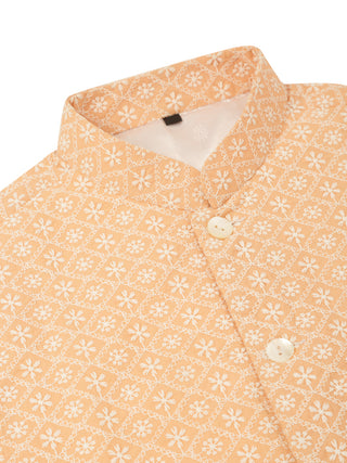 Men White Cotton Blend Kurta with Pyjamas & Orange Embroidered Nehru Jacket