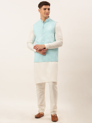 Men White Cotton Blend Kurta with Pyjamas & Sky Blue Embroidered Nehru Jacket