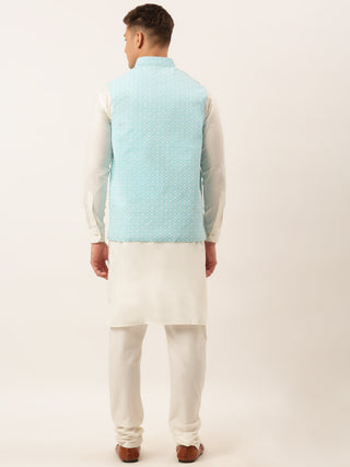 Men White Cotton Blend Kurta with Pyjamas & Sky Blue Embroidered Nehru Jacket