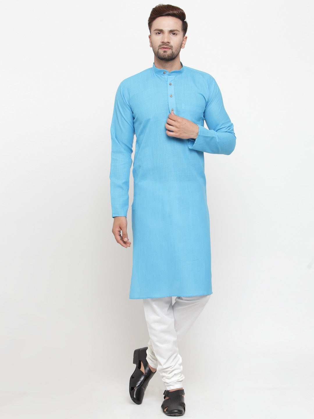Men Sky Blue & White Solid Kurta with Churidar - Jompers