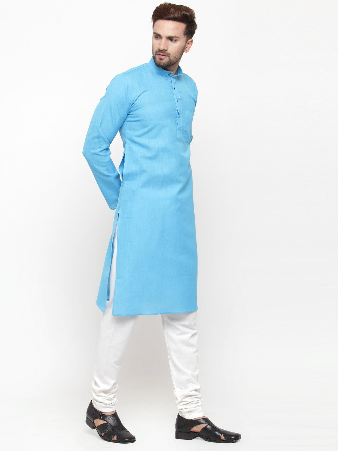Men Sky Blue & White Solid Kurta with Churidar - Jompers
