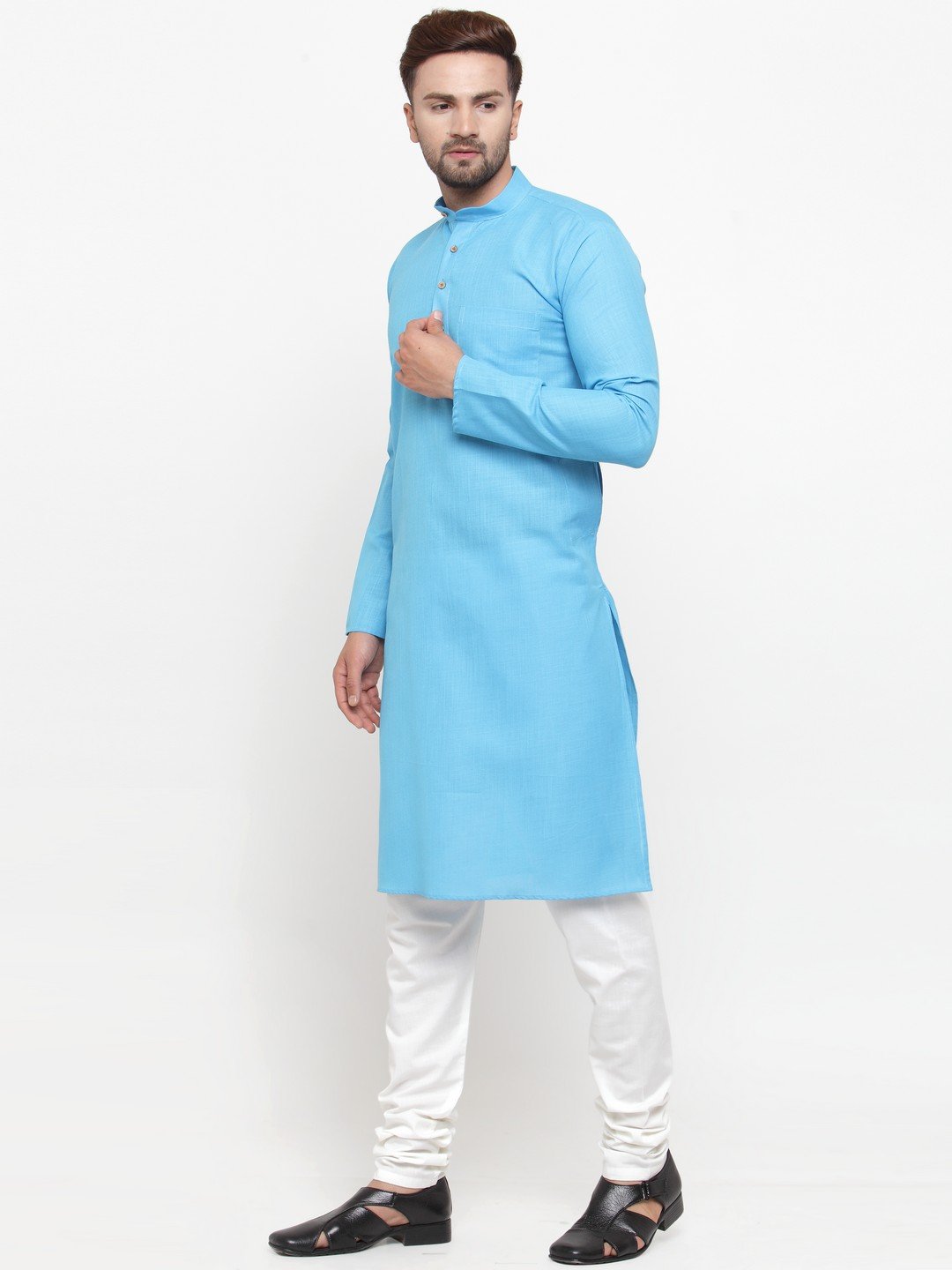 Men Sky Blue & White Solid Kurta with Churidar - Jompers