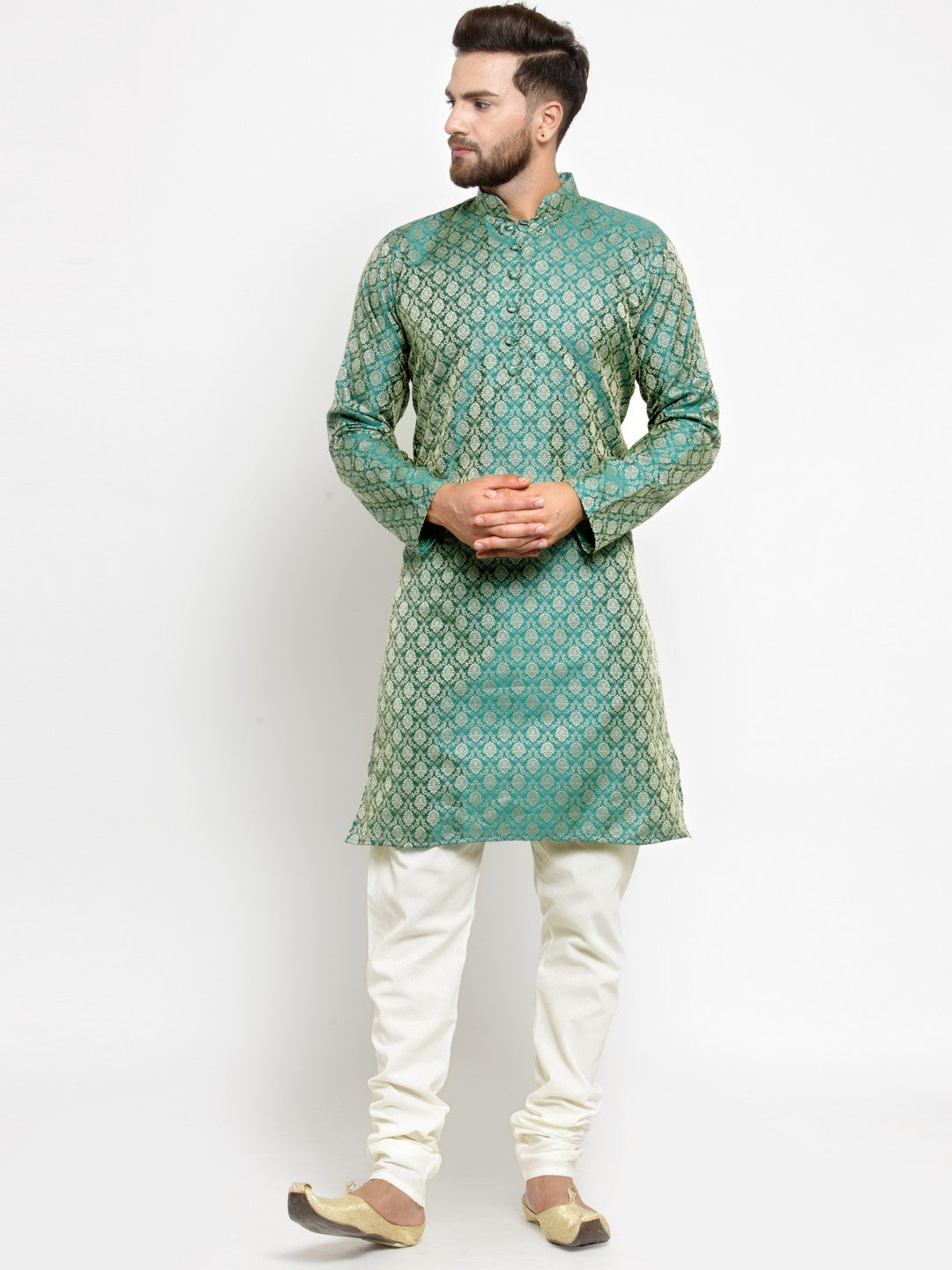 Men Green & Beige Self Design Kurta with Churidar - Jompers