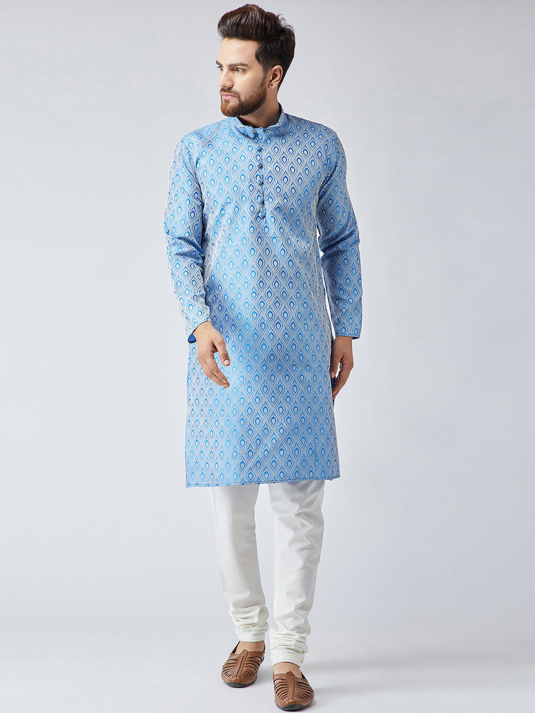 Men Sky Blue Off-White Self Design Kurta with Churidar – Jompers
