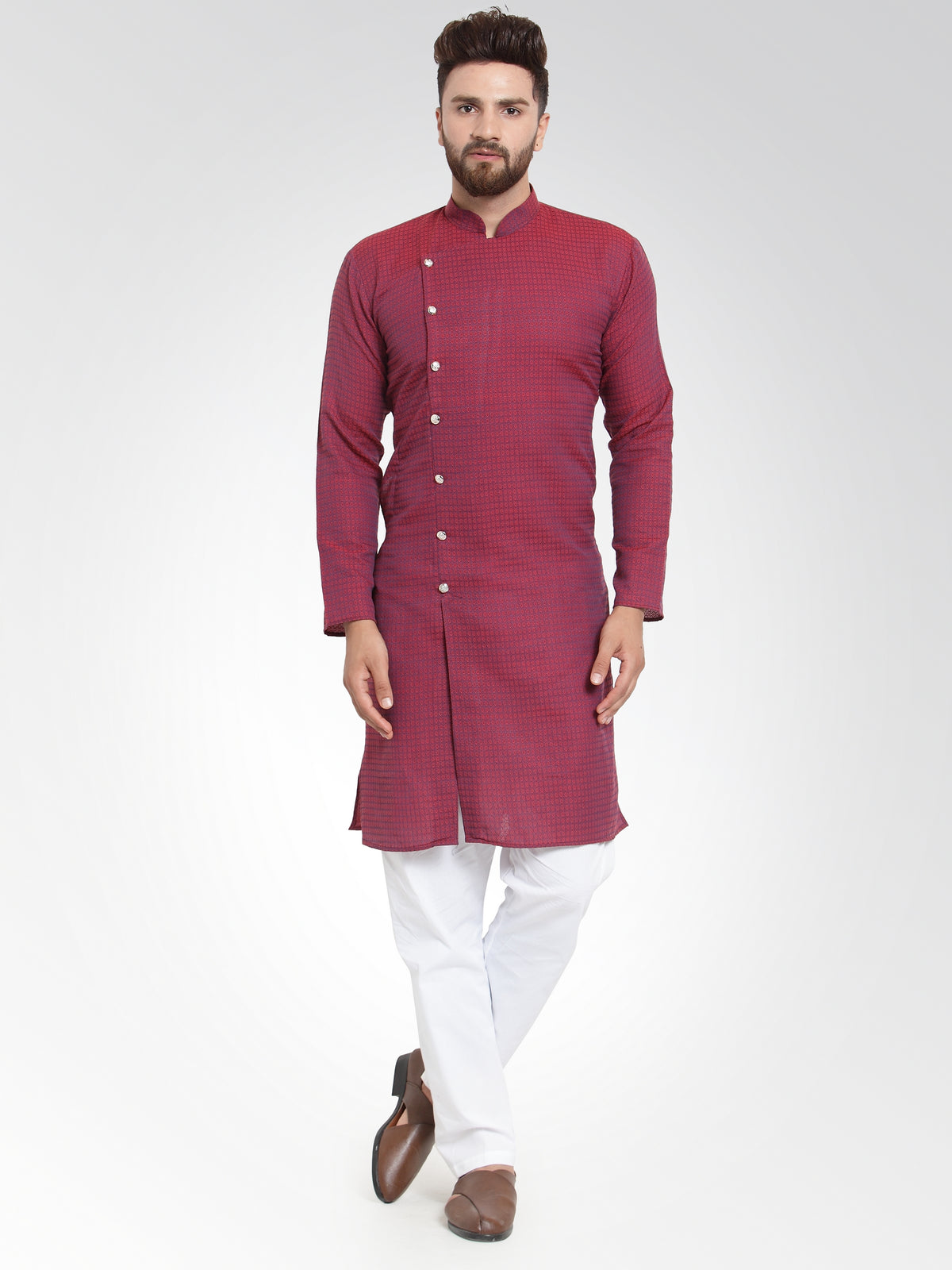 Men Maroon Self Design Kurta with Pajama - Jompers