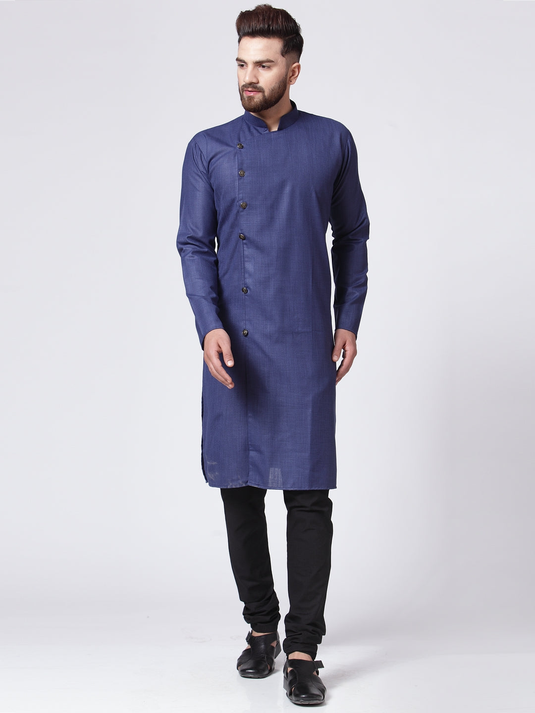 Men Navy-Blue Solid Kurta with Churidar