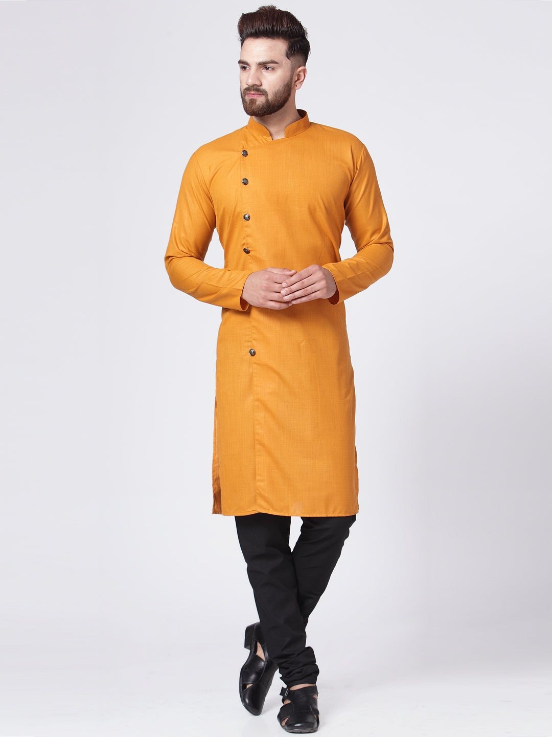 Men Yellow Solid Kurta with Churidar