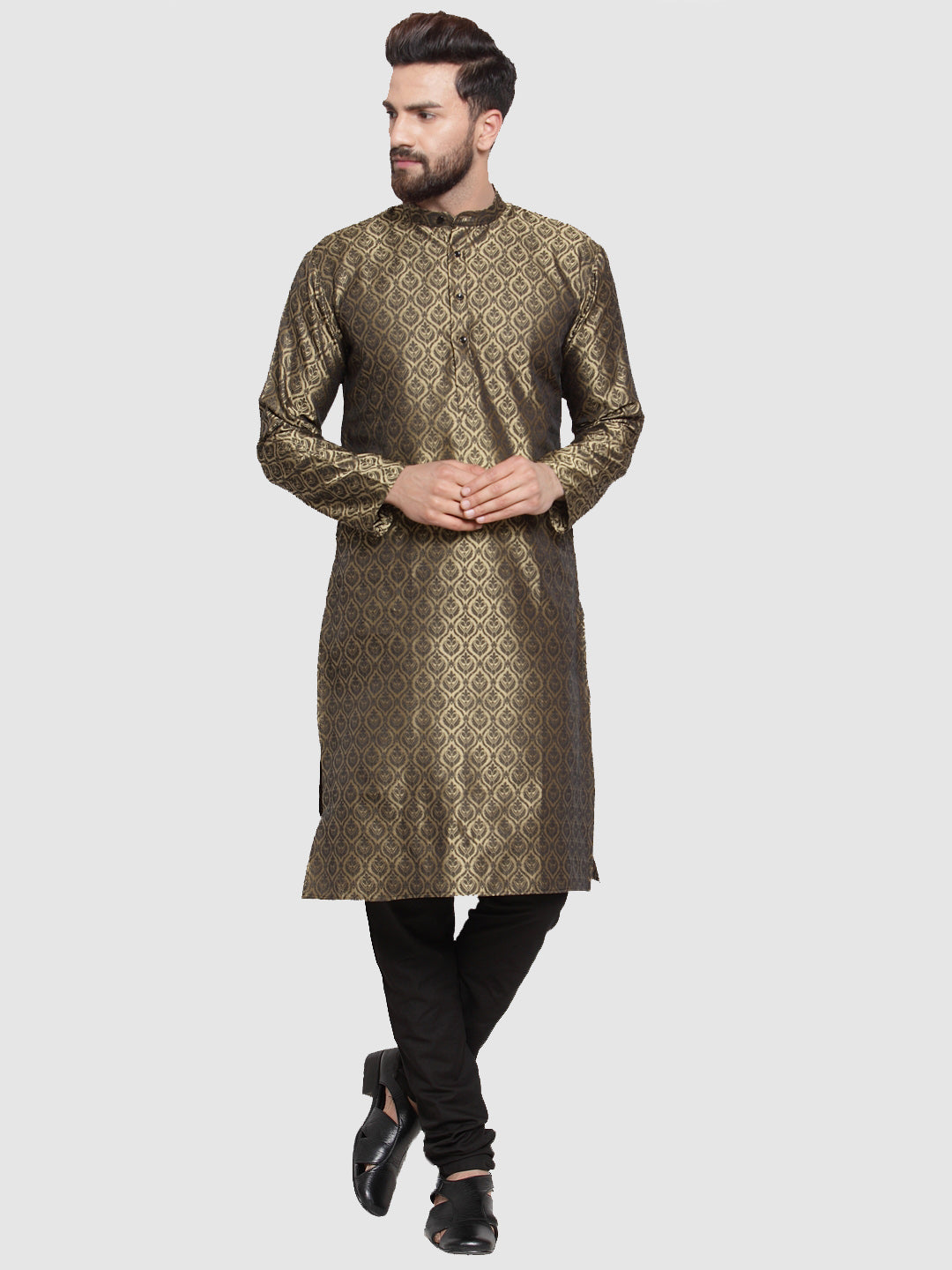 Men Gold-Colored & Black Self Design Kurta with Churidar