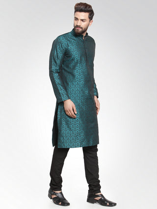 Men Green-Colored & Black Self Design Kurta with Churidar