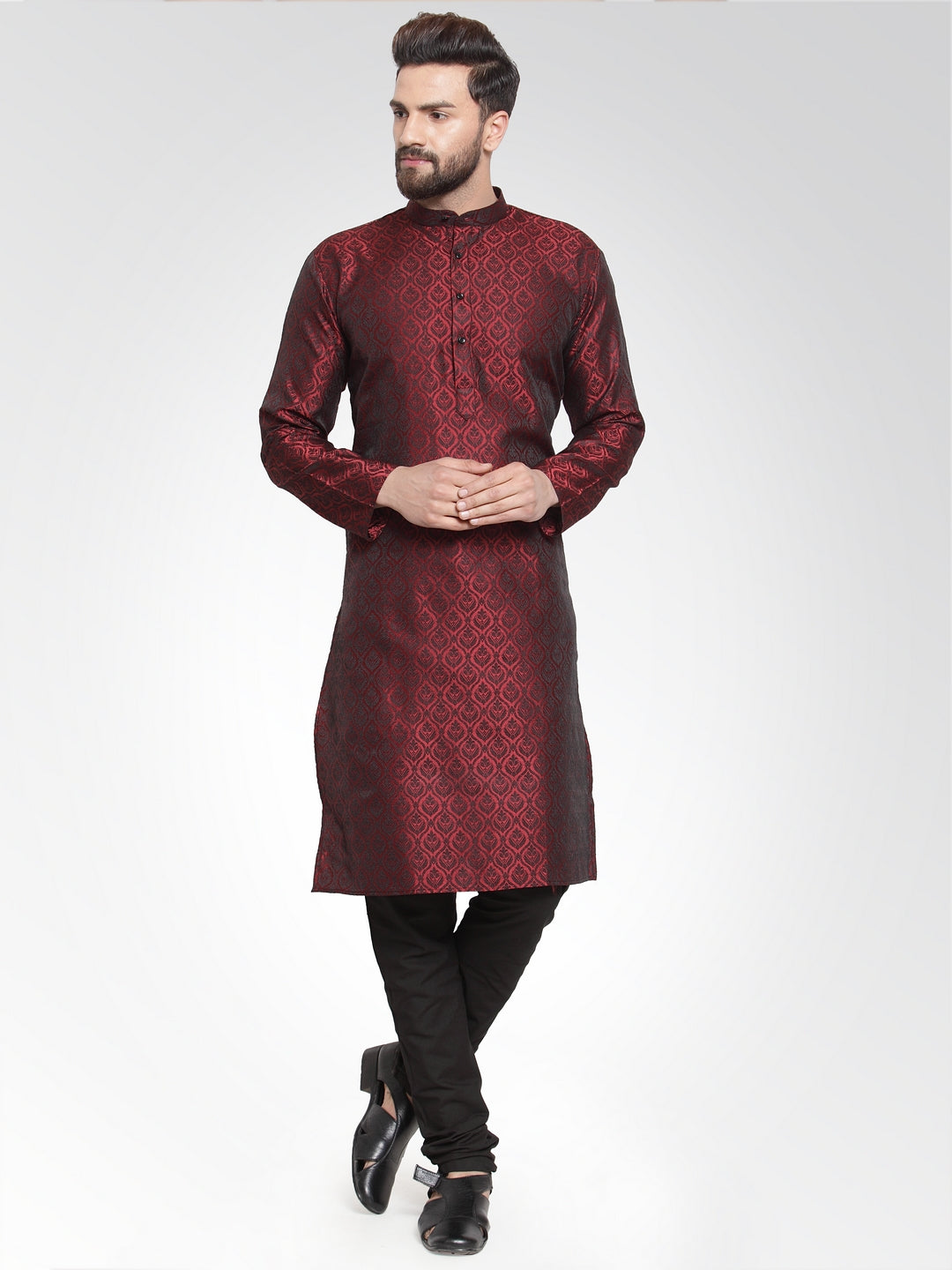 Men Maroon-Colored & Black Self Design Kurta with Churidar