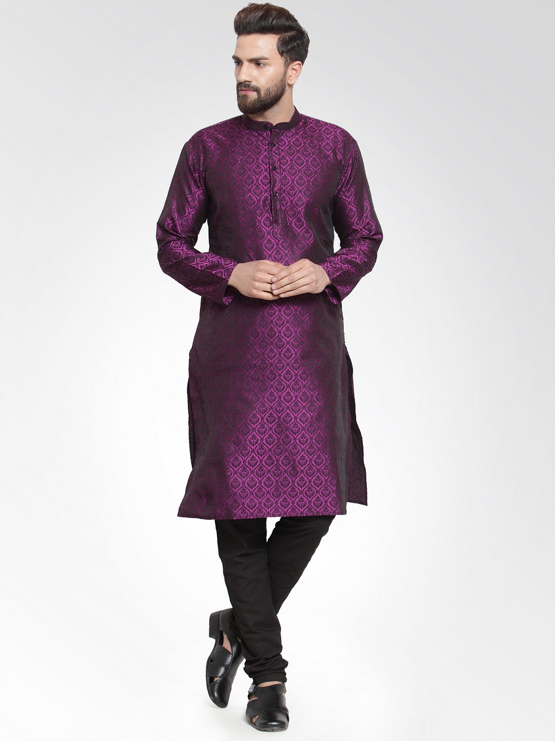 Men Purple-Colored & Black Self Design Kurta with Churidar