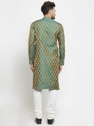 Men Green-Colored & Golden Self Design Kurta with Churidar