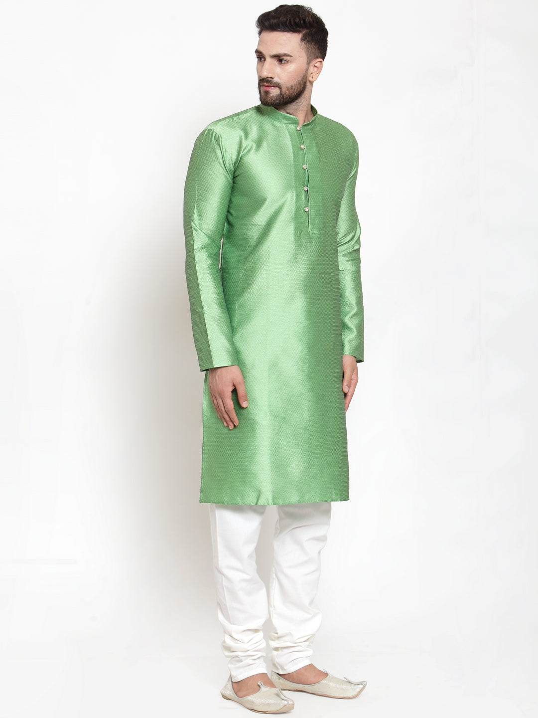 Jompers Men Green & White Self Design Kurta with Churidar