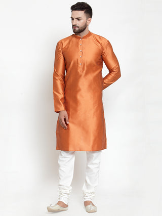 Jompers Men Orange & White Self Design Kurta with Churidar