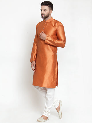 Jompers Men Orange & White Self Design Kurta with Churidar