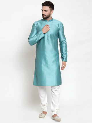 Jompers Men Light-Blue & White Self Design Kurta Only