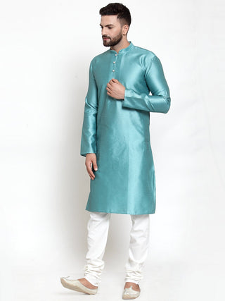 Jompers Men Light-Blue & White Self Design Kurta Only