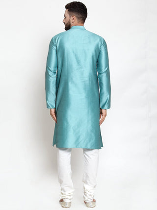 Jompers Men Light-Blue & White Self Design Kurta Only