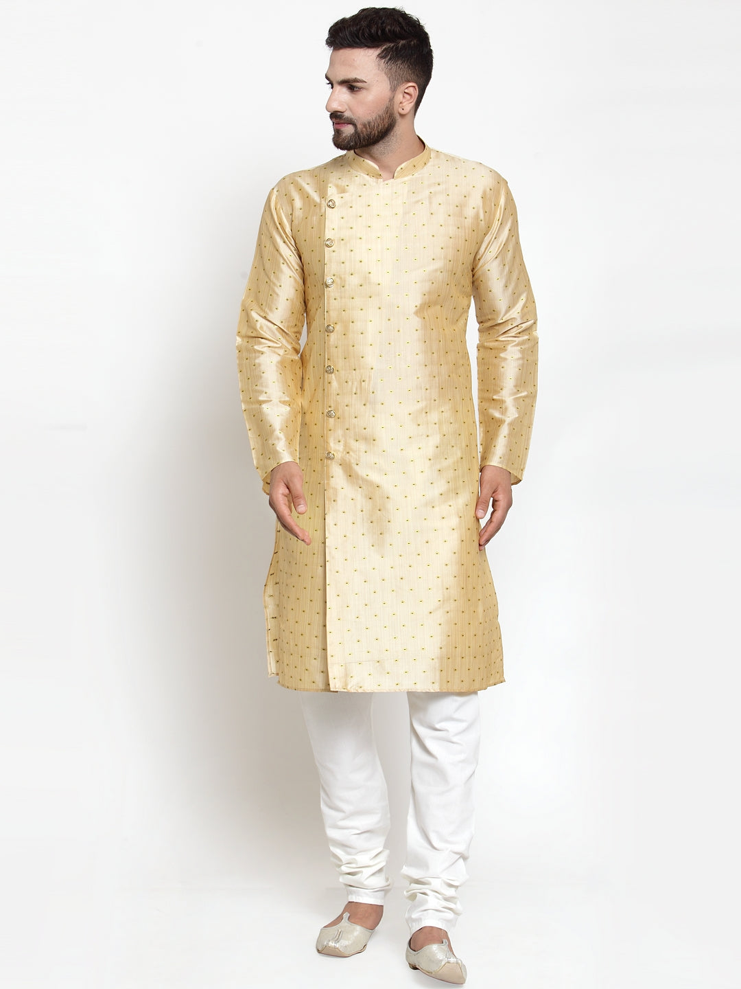 Jompers Men Mustard & Golden Self Design Kurta with Churidar