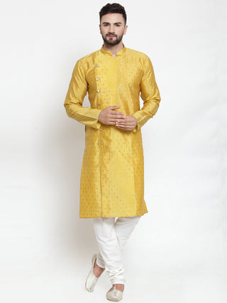 Jompers Men Yellow & Golden Self Design Kurta with Churidar