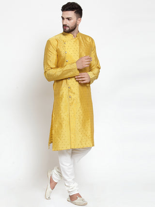 Jompers Men Yellow & Golden Self Design Kurta with Churidar