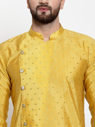 Jompers Men Yellow & Golden Self Design Kurta with Churidar