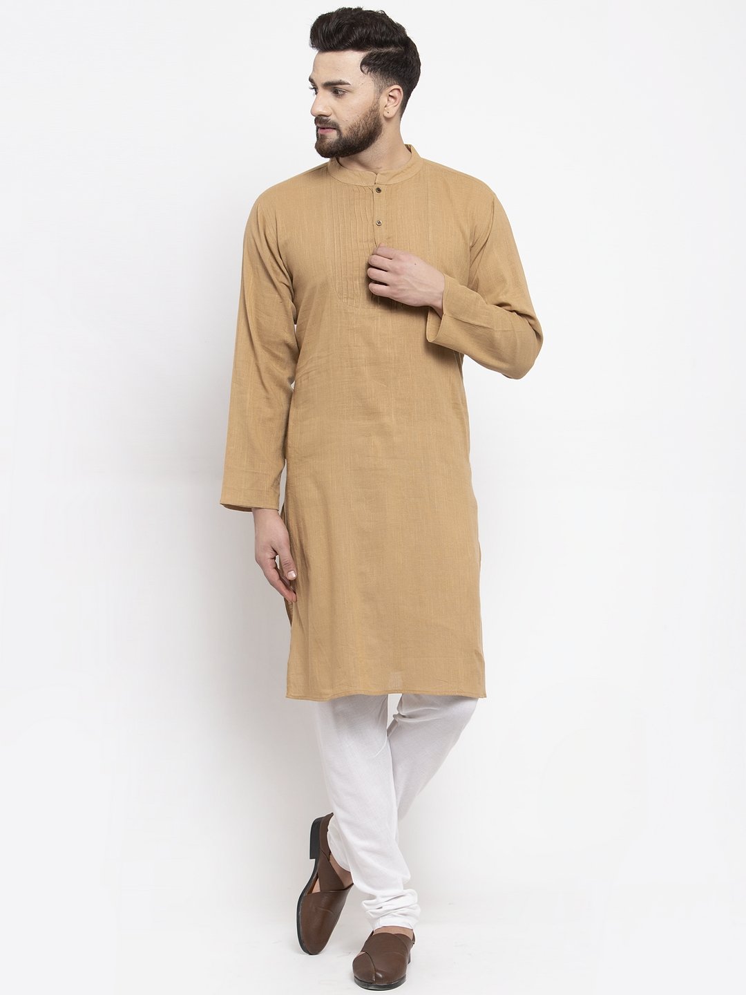 Jompers Men Beige & White Solid Pin-tucks Kurta Only