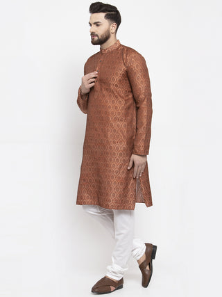 Jompers Men Brown & Grey Jacquard Kurta with Churidar