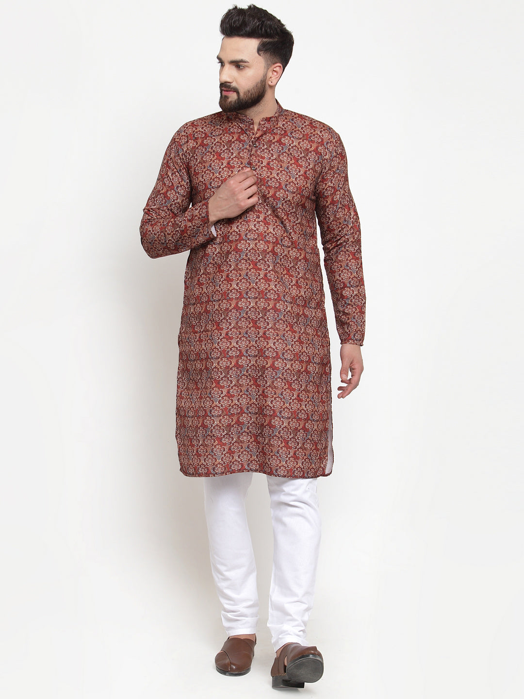 Jompers Men Maroon & Beige Digital Printed Kurta with Churidar