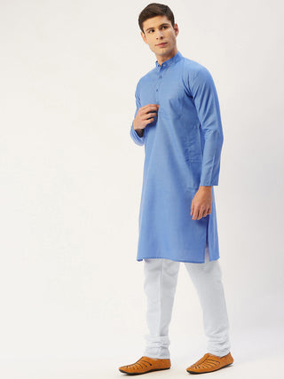 Jompers Men's Blue Cotton Solid Kurta Pyjama