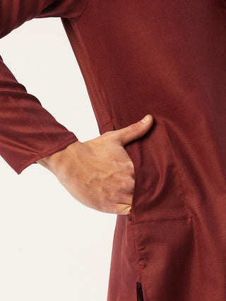 Jompers Men's Maroon Cotton Solid Kurta Pyjama