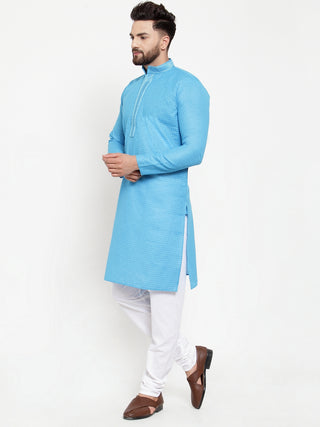 Jompers Men Blue & White Embroidered Kurta with Churidar