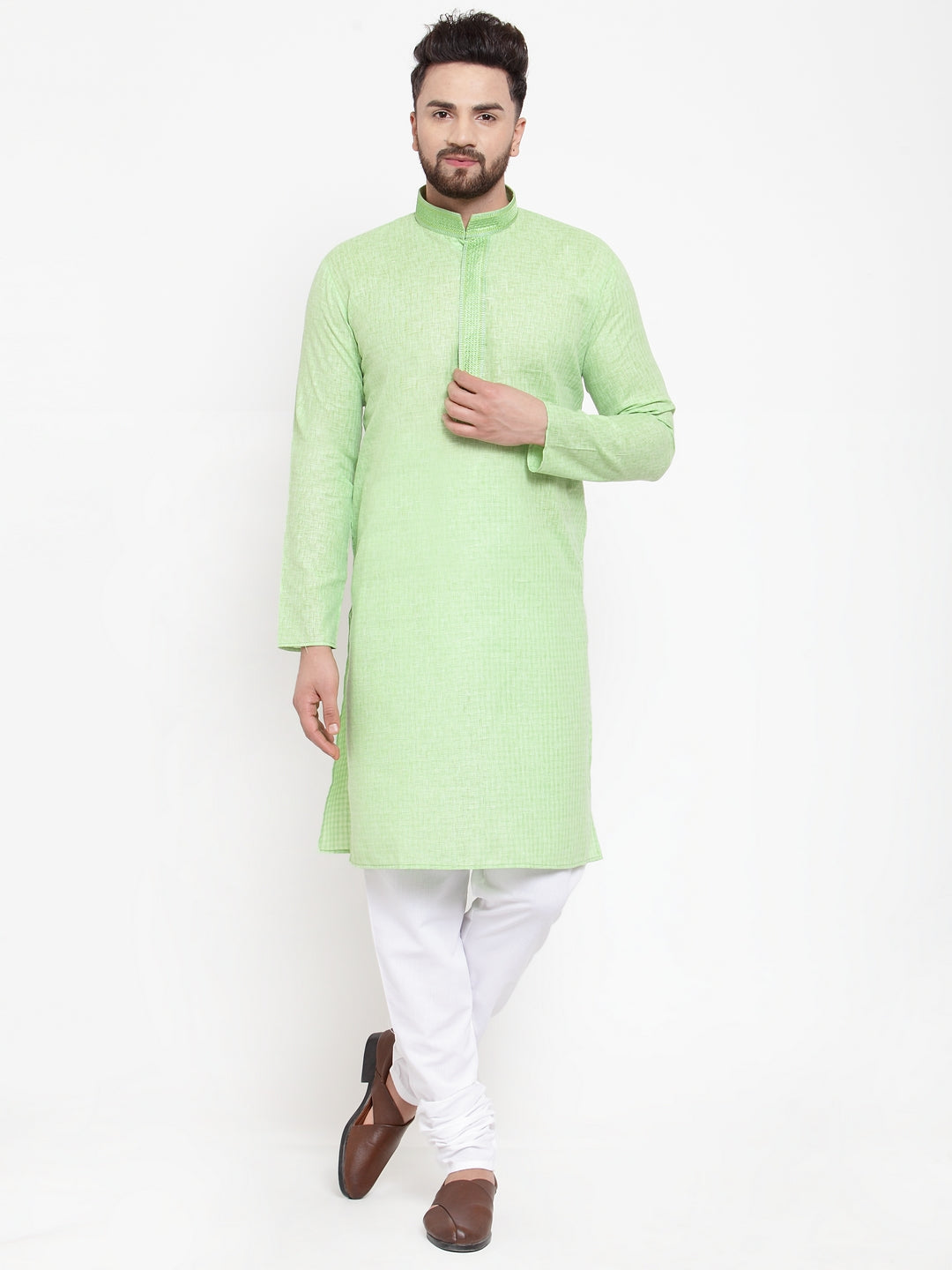 Jompers Men Green & White Embroidered Kurta with Churidar