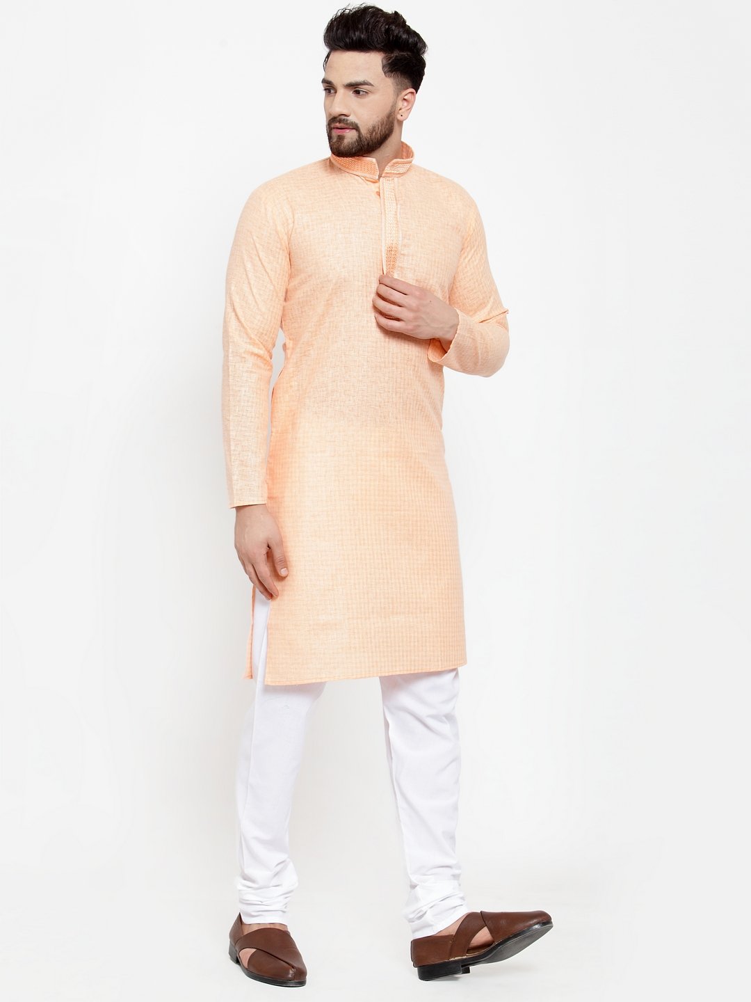 Jompers Men Peach & White Embroidered Kurta Only