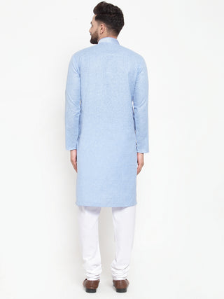Jompers Men Blue & White Embroidered Kurta with Churidar