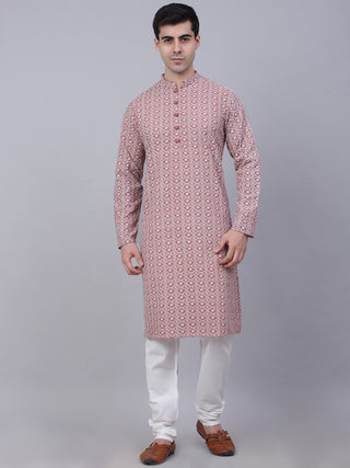 Men's Coral Red & White Embroidered Straight Kurta Pyjama Set