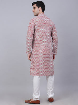 Men's Coral Red & White Embroidered Straight Kurta Pyjama Set