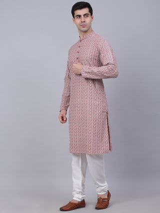 Men's Coral Red & White Embroidered Straight Kurta Pyjama Set