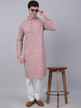 Men's Coral Red & White Embroidered Straight Kurta Pyjama Set