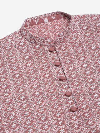 Men's Coral Red & White Embroidered Straight Kurta Pyjama Set