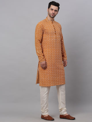 Men's Mustard & White Embroidered Straight Kurta Pyjama Set