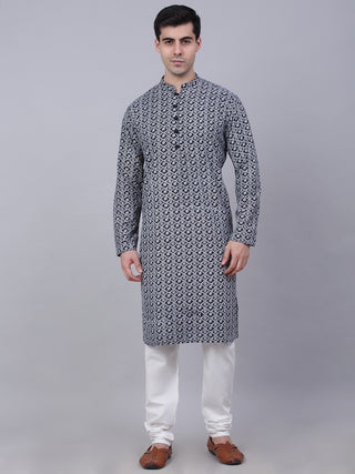 Men's Navy Blue & White embroidered Straight Kurta Pyjama Set