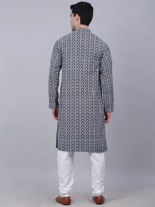 Men's Navy Blue & White embroidered Straight Kurta Pyjama Set